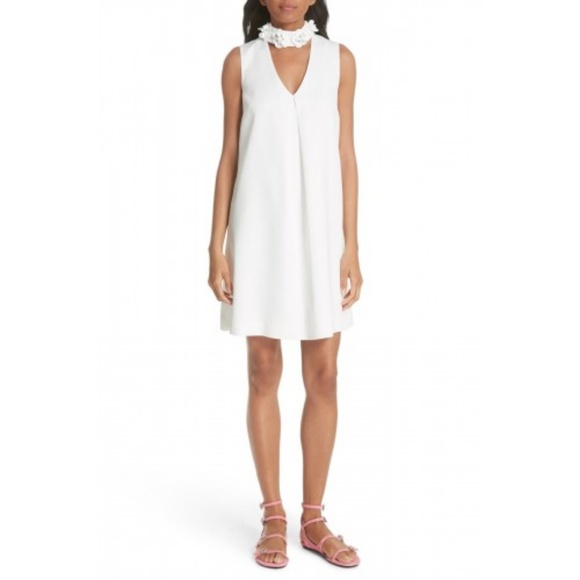 White Embellished Neckline V-Neck Dress